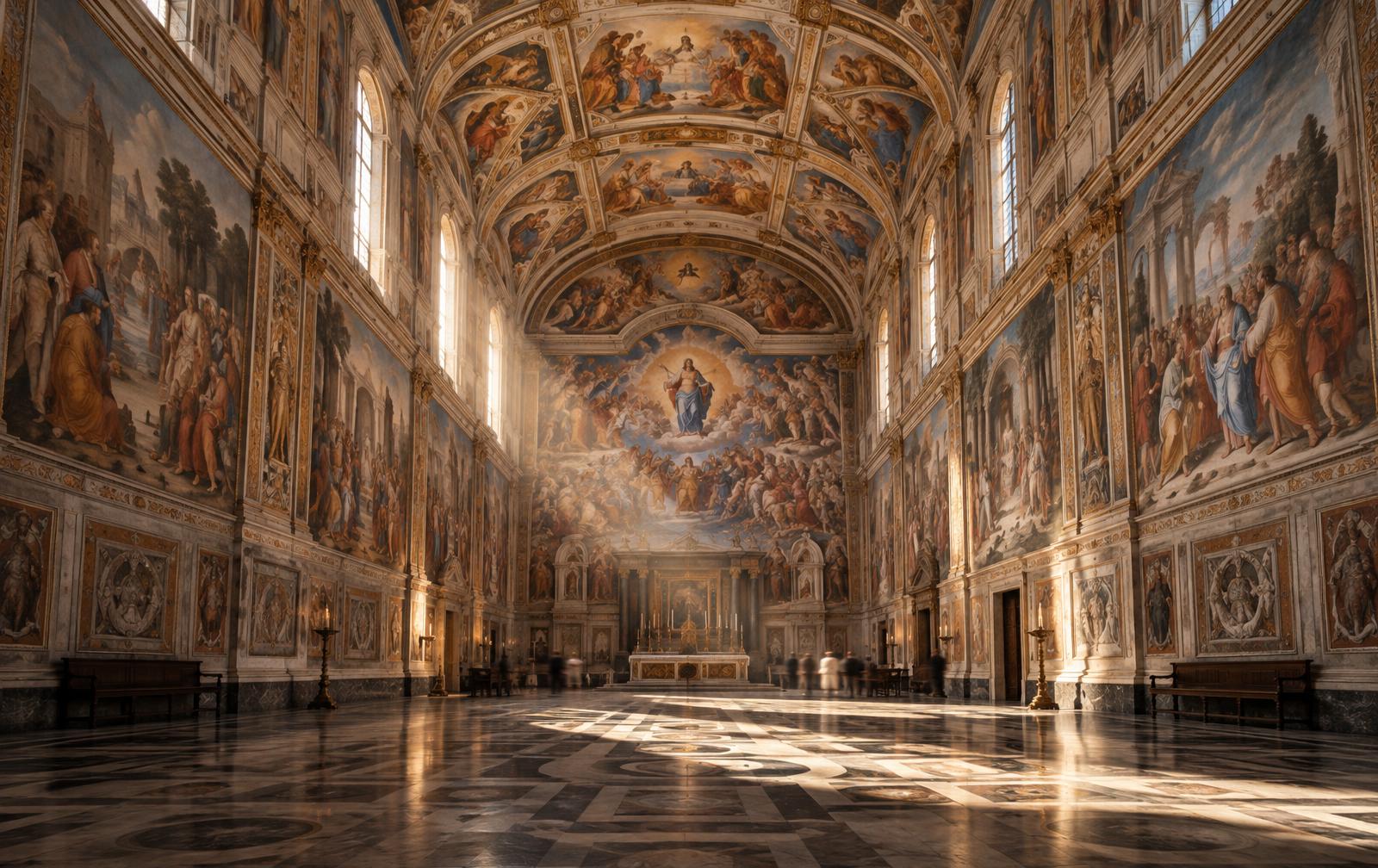 The frescoed vault of a grand Renaissance chapel hall